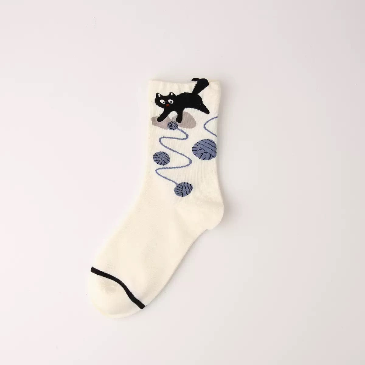 Playful Black Cat &amp; Yarn Ball Crew Socks