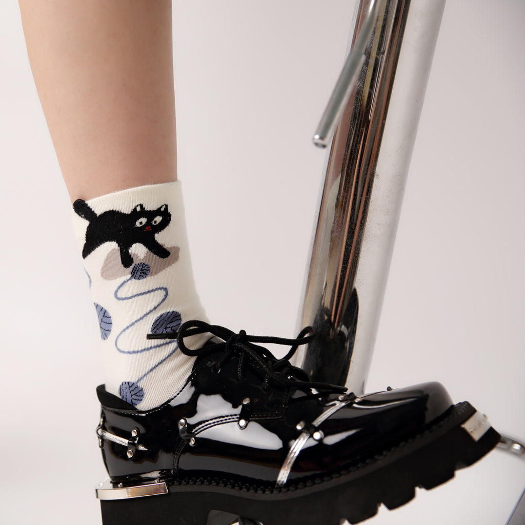 Playful Black Cat &amp; Yarn Ball Crew Socks