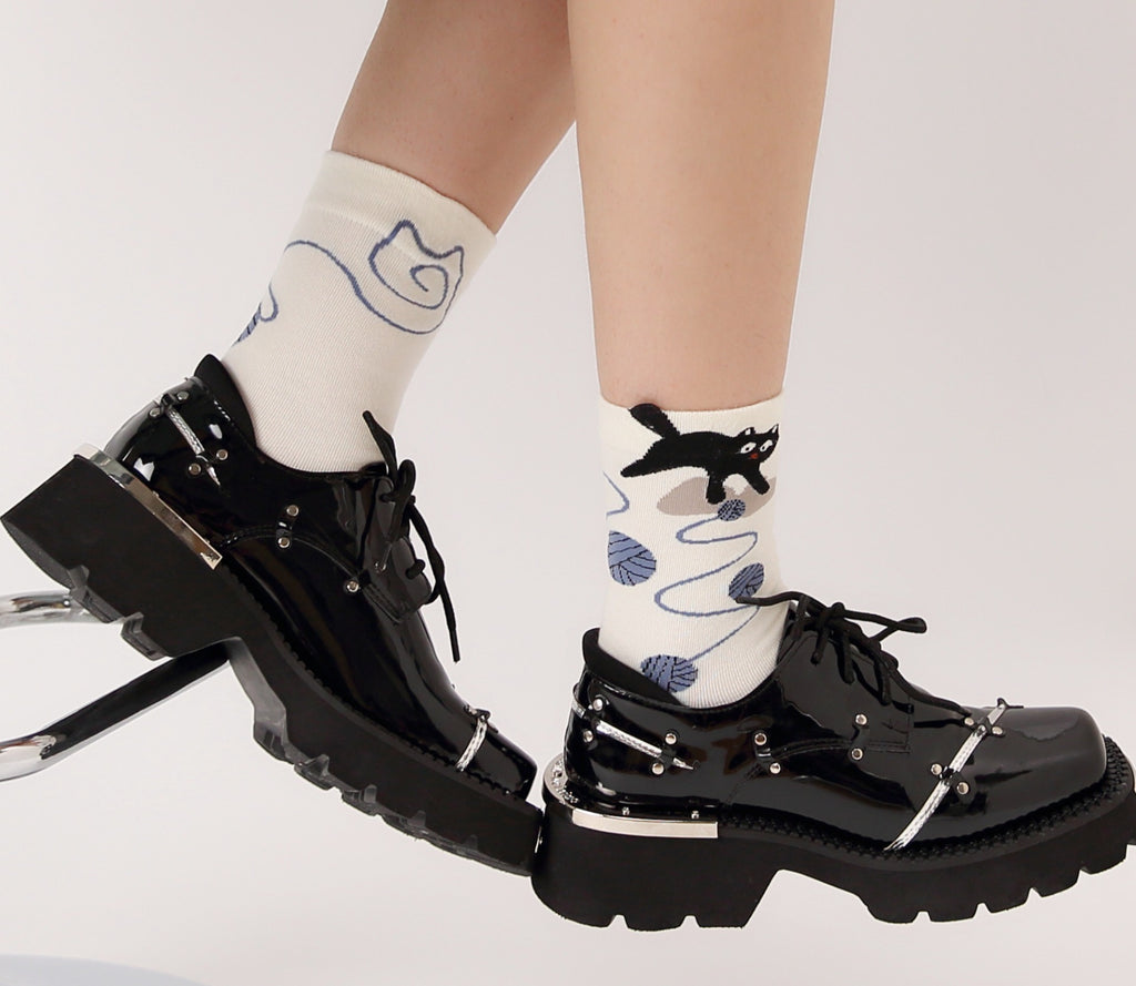 Playful Black Cat &amp; Yarn Ball Crew Socks