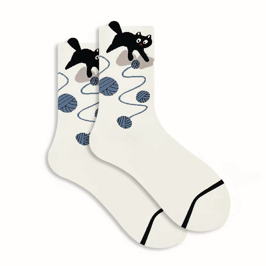 Playful Black Cat &amp; Yarn Ball Crew Socks