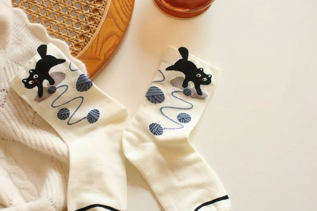 Playful Black Cat &amp; Yarn Ball Crew Socks