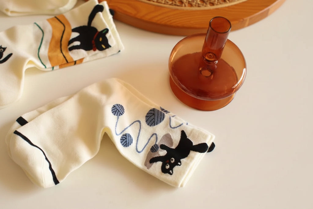 Playful Black Cat &amp; Yarn Ball Crew Socks