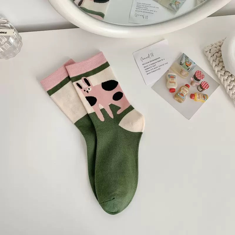 Pink Funky Cat Colour Block Crew Socks