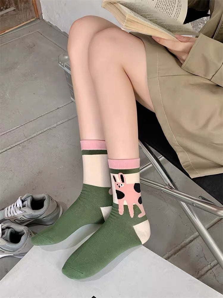 Pink Funky Cat Colour Block Crew Socks