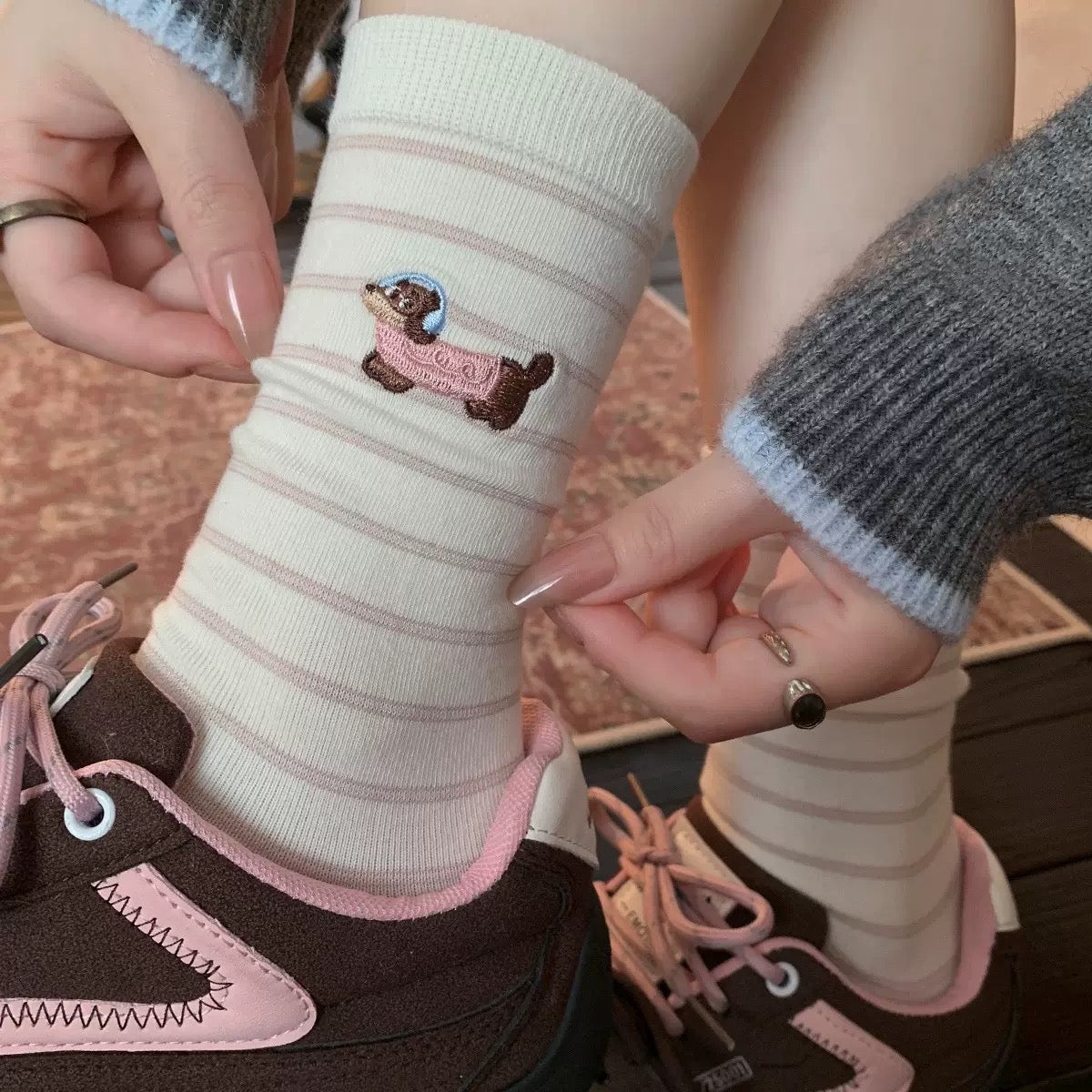 Sausage Dog Stripe Crew Socks